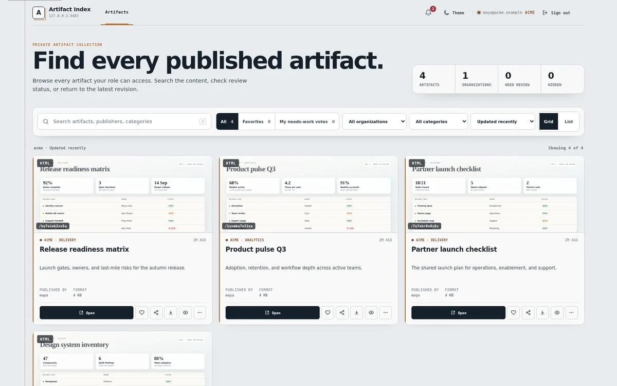 The Artifact MCP gallery showing search, filters, and published artifact cards